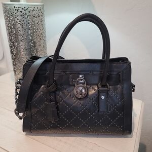 Black Quilted Handbag with Stud Accents